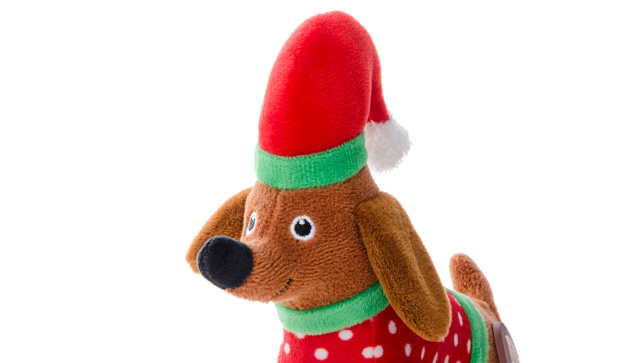 Detail vánoční hračky. JK ANIMALS, plyšový jezevčík X-Mas, 17 cm, plyšová pískací vánoční hračka pro psy.