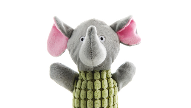Detail hračky. JK ANIMALS, plyšový slon Long, dlhá plyšová pískacia hračka pre psov, 28 cm.