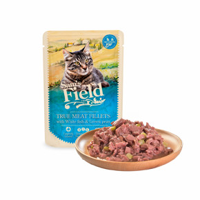 1+1 Pro útulky, Sams Field True Meat Fillets with White Fish & Green Peas, kapsička pro kočky 85 g (Sam's Field)