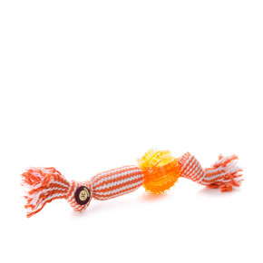 Bavlněný pískací uzel s TPR míčem, oranžový, 33 cm, ideální pro aktivní hru