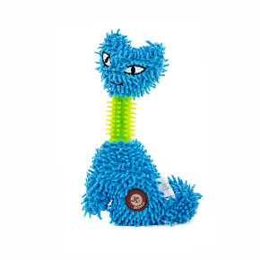 Plyšová kočka "mop" s TPR krkem, pískací hračka pro psy, modrá, 23 cm, jemný froté materiál
