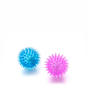 Dva blikající LED TPR míčky s bodlinami, modrý a růžový, odolná (gumová) hračka z termoplastické pryže pro psy i kočky