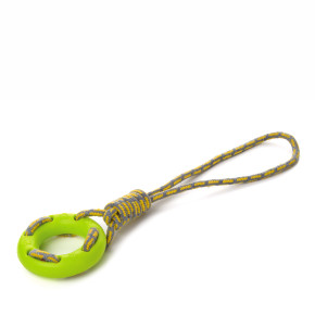 Bavlněné přetahovadlo s TPR kroužkem, zeleno-žluto-šedé, hračka pro psy na přetahování, 9 cm, ideální pro aktivní hru