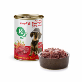 JK Premium Beef & Carrot, Paté with Chunks, 60 % Meat, hovězí s mrkví, prémiová konzerva pro psy, 400 g