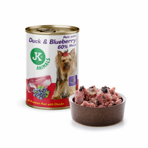 JK Premium Duck & Blueberry, Paté with Chunks, 60 % Meat, kachní s borůvkami, prémiová konzerva pro psy, 400 g