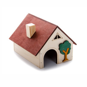 Dřevěný domek se stromkem a komínem pro křečky, 14×10×11 cm, rohový domek z překližky pro hlodavce