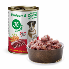 JK Premium Venison & Carrot, Paté with Chunks, 60 % Meat, zvěřina s mrkví, prémiová konzerva pro psy, 400 g