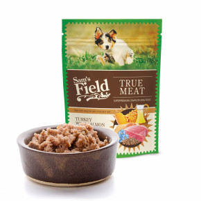 Sam's Field True Meat Turkey with Salmon & Linseed Oil for Puppy, šťavnatá masová kapsička krůtí s lososem a lněným olejem pro štěňata, 260 g (superprémiové kapsičky pro štěňata)