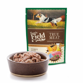 Sam's Field True Meat Turkey with Salmon & Lingonberry, šťavnatá masová kapsička krůtí s lososem a brusinkami pro psy, 260 g (superprémiové kapsičky pro psy)