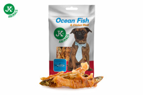 JK ANIMALS, Sušená mořská ryba obalená kuřecím masem, masový pamlsek pro psy (Ocean Fish with Chicken Meat Snack), 80 g © copyright jk animals, všechna práva vyhrazena