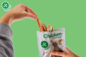 Sušené kuřecí proužky s treskou, masový pamlsek pro psy (Chicken & Cod Strips Meat Snack), 80 g © copyright jk animals, všechna práva vyhrazena