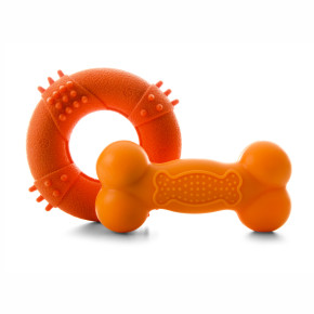 Kruh s bodlinami a pískací kost z TPR pryže, oranžová, velmi odolná hračka 