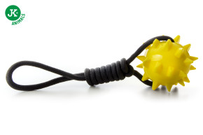 Přetahovadlo z nylonu s TPR míčem s bodlinami, pískací, černo-žluté, 39 cm © copyright jk animals, všechna práva vyhrazena