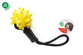Přetahovadlo z nylonu s TPR míčem s bodlinami, pískací, černo-žluté, 39 cm © copyright jk animals, všechna práva vyhrazena